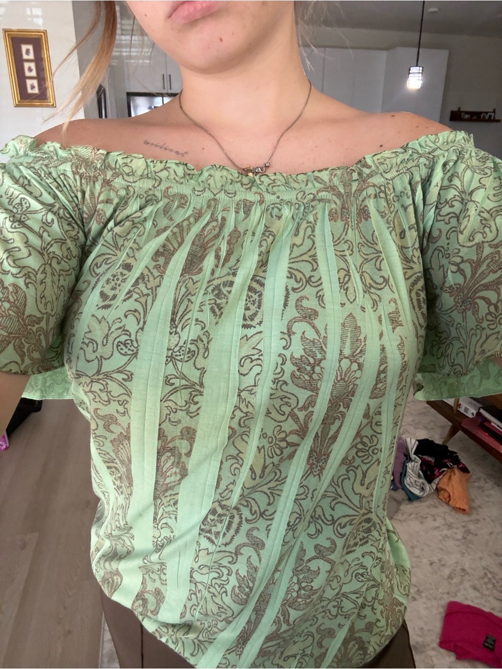 Storm Sage Green Off-Shoulder Printed Women's Blouse